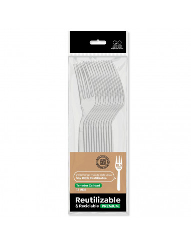 Tradineur - Pack de 12 tenedores reutilizables de plástico, 100% reciclables, extra resistentes, higiénicos, aptos para lavavaji