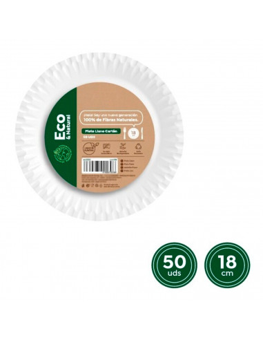 Tradineur - Pack de 50 platos llanos de cartón, biodegradables, 100% reciclables, fibras naturales, servir postres (Blanco - 18