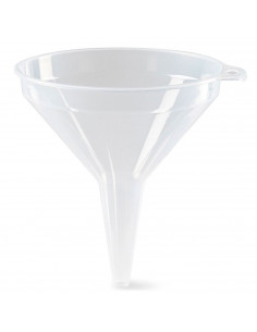 Tradineur - Embudo de plástico transparente, llenar botes, tarros, botellas, incluye agujero para colgarlo, resistente y durader