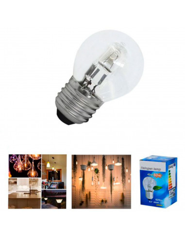 Tradineur - Bombilla halógena globo, estándar, G45, E27, 42W equivalente a 60W, 625 lúmenes, 2800K, luz cálida, eficiencia energ