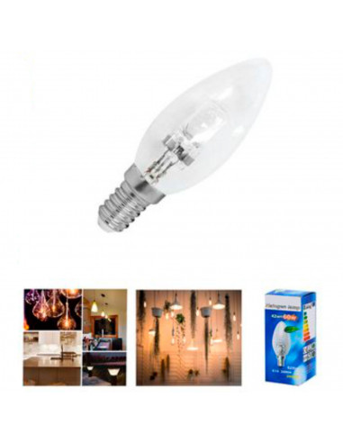 Tradineur - Bombilla halógena vela, C35, E14, 42W equivalente a 60W, 625 lúmenes, 2800K, luz cálida, eficiencia energética B, 20