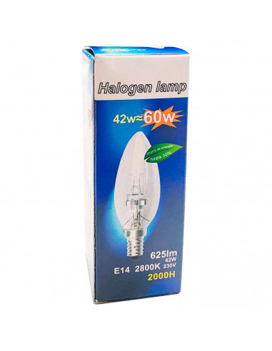 Tradineur - Bombilla halógena vela, C35, E14, 42W equivalente a 60W, 625 lúmenes, 2800K, luz cálida, eficiencia energética B, 20