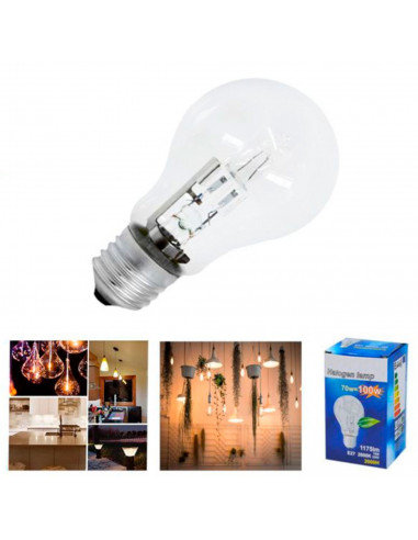 Tradineur - Bombilla halógena globo, estándar, A55, E27, 70W equivalente a 100W, 1175 lúmenes, 2800K, luz cálida, eficiencia ene
