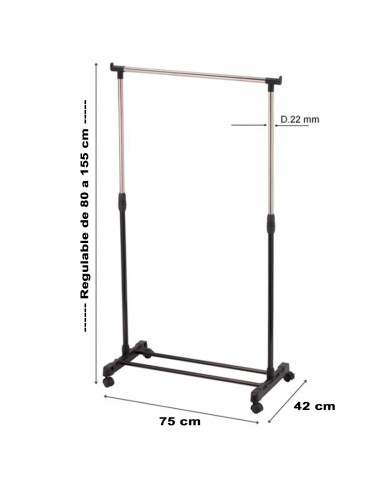 Tradineur - Perchero extensible con ruedas, acero inoxidable, plástico, incluye barra Ø 22 cm y estante para calzado, altura reg