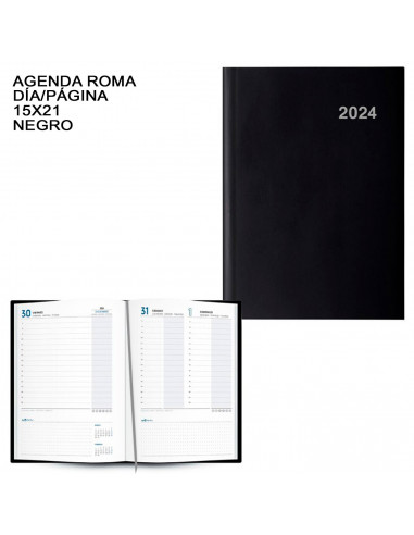 Tradineur - Agenda 2024, modelo Roma, día página, enero a diciembre, tapa acolchada y cinta marcapáginas, planificador anual de