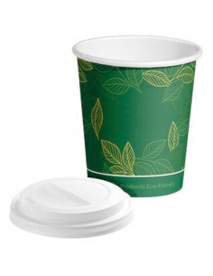 Tradineur - Pack de 25 vasos de cartón biodegradables con tapa drink, reciclables, bebidas calientes y frías, apilables, eco-fri