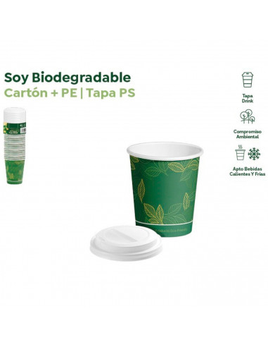 Tradineur - Pack de 25 vasos de cartón biodegradables con tapa drink, reciclables, bebidas calientes y frías, apilables, eco-fri