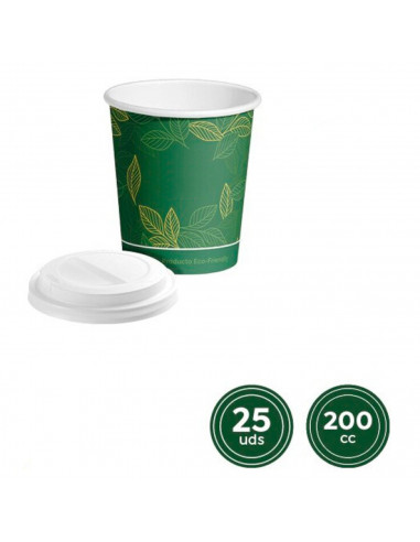 Tradineur - Pack de 25 vasos de cartón biodegradables con tapa drink, reciclables, bebidas calientes y frías, apilables, eco-fri