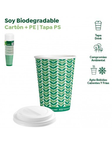 Tradineur - Pack de 25 vasos de cartón con tapa drink, biodegradables, reciclables, bebidas calientes y frías, apilables, eco-fr