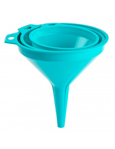 Tradineur - Set de 3 embudos de plástico, llenar botellas, garrafas, incluyen agujeros para colgarlos, resistentes, fabricados e