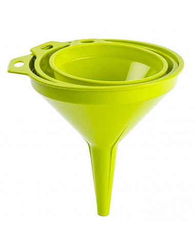 Tradineur - Set de 3 embudos de plástico, llenar botellas, garrafas, incluyen agujeros para colgarlos, resistentes, fabricados e