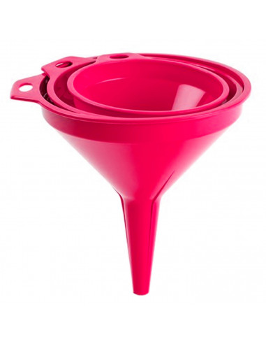 Tradineur - Set de 3 embudos de plástico, llenar botellas, garrafas, incluyen agujeros para colgarlos, resistentes, fabricados e