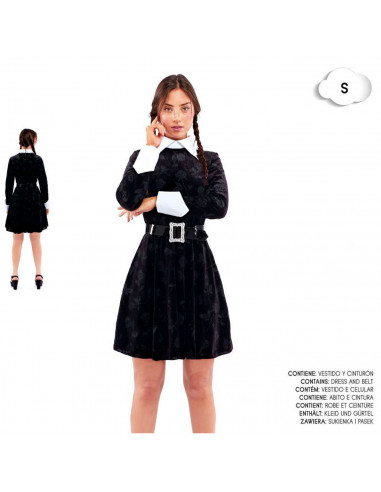 Tradineur - Disfraz de Miércoles Addams para mujer, Strange Girl, fibra sintética, incluye vestido y cinturón, carnaval, Hallowe