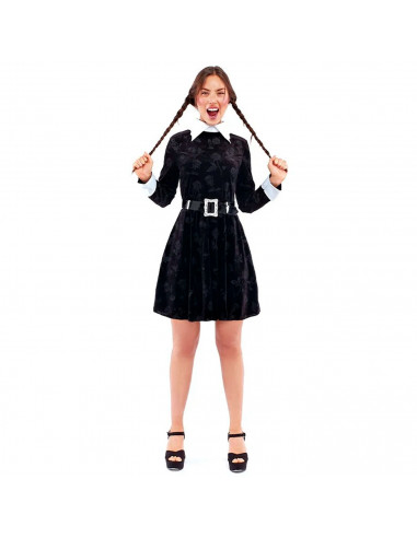 Tradineur - Disfraz de Miércoles Addams para mujer, Strange Girl, incluye vestido y cinturón, fibra sintética, carnaval, Hallowe