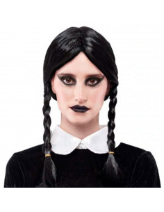 Tradineur - Peluca de Miércoles Addams, dos trenzas, fibra sintética, complemento para disfraz de carnaval, Halloween, cosplay,