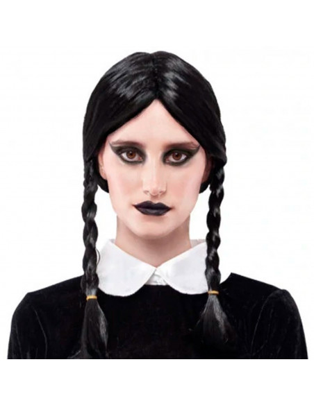 Tradineur - Peluca de Miércoles Addams, dos trenzas, fibra sintética, complemento para disfraz de carnaval, Halloween, cosplay, Tradineur - Peluca de Miércoles Addams, dos trenzas, fibra sintética, complemento para disfraz de carnaval, Halloween, cosplay,