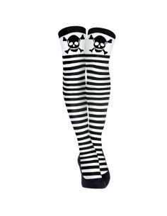 Tradineur - Medias de calavera, rayas negras y blancas, 90% poliéster + 10% licra, complemento para disfraces, carnaval, Hallowe