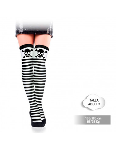 Tradineur - Medias de calavera, rayas negras y blancas, 90% poliéster + 10% licra, complemento para disfraces, carnaval, Hallowe
