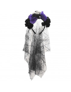 Tradineur - Diadema catrina con velo, flores negras y lilas, complemento para disfraces de carnaval, Halloween, cosplay (Adulto,