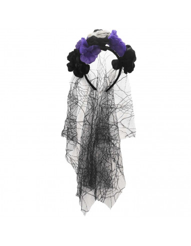 Tradineur - Diadema catrina con velo, flores negras y lilas, complemento para disfraces de carnaval, Halloween, cosplay (Adulto,