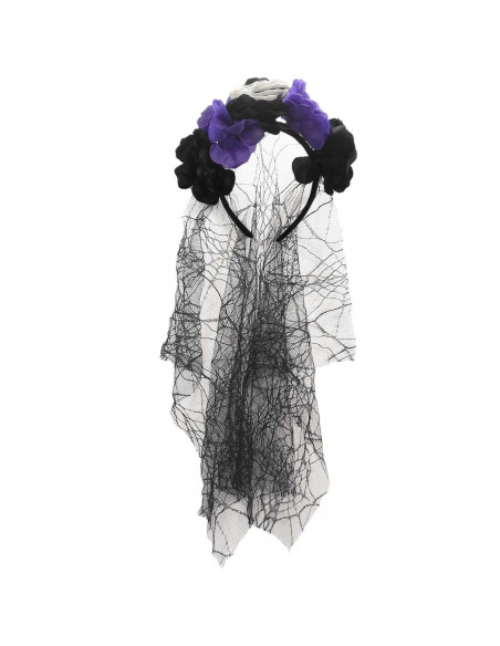 Tradineur - Diadema catrina con velo, flores negras y lilas, complemento para disfraces de carnaval, Halloween, cosplay (Adulto,