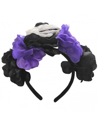 Tradineur - Diadema catrina con velo, flores negras y lilas, complemento para disfraces de carnaval, Halloween, cosplay (Adulto,