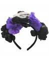 Tradineur - Diadema catrina con velo, flores negras y lilas, complemento para disfraces de carnaval, Halloween, cosplay (Adulto,