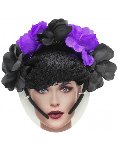 Tradineur - Diadema catrina con velo, flores negras y lilas, complemento para disfraces de carnaval, Halloween, cosplay (Adulto,