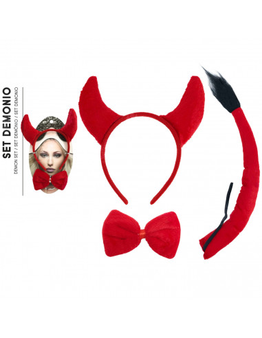 Tradineur - Set de demonio, diablesa, incluye diadema, pajarita y cola, complementos de disfraces, carnaval, Halloween, cosplay,
