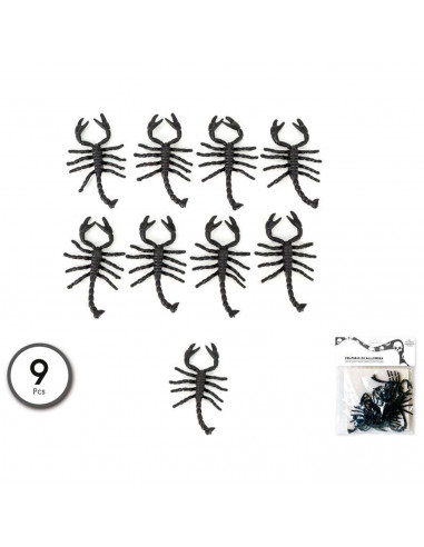 Tradineur - Pack de 9 escorpiones para Halloween, plástico, decoración de interior, fiestas, celebraciones (Negro - 7 cm)
