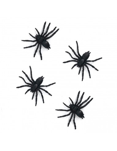 Tradineur - Pack de 4 arañas para Halloween, plástico, decoración de interior, fiestas, celebraciones (Negro - 6 cm)