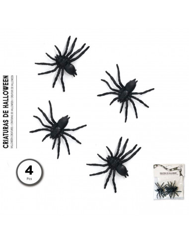 Tradineur - Pack de 4 arañas para Halloween, plástico, decoración de interior, fiestas, celebraciones (Negro - 6 cm)