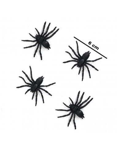 Tradineur - Pack de 4 arañas para Halloween, plástico, decoración de interior, fiestas, celebraciones (Negro - 6 cm)