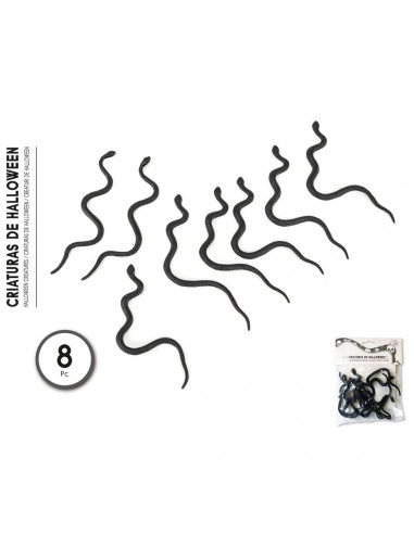 Tradineur - Pack de 8 serpientes para Halloween, plástico, decoración de interior, fiestas, celebraciones (Negro - 11 cm)
