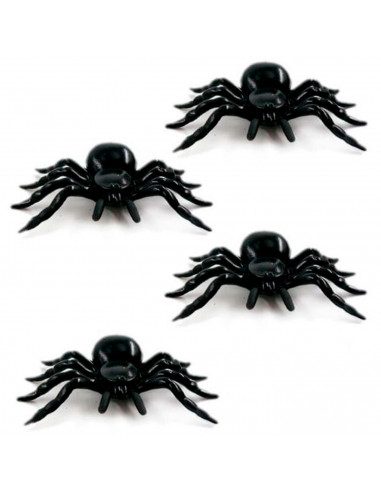 Tradineur - Pack de 4 arañas de Halloween, plástico, decoración de interior, fiestas, celebraciones (Negro - 11 cm)