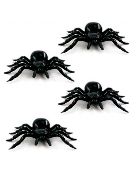 Tradineur - Pack de 4 arañas de Halloween, plástico, decoración de interior, fiestas, celebraciones (Negro - 11 cm) Tradineur - Pack de 4 arañas de Halloween, plástico, decoración de interior, fiestas, celebraciones (Negro - 11 cm)