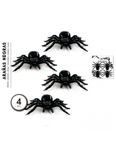 Tradineur - Pack de 4 arañas de Halloween, plástico, decoración de interior, fiestas, celebraciones (Negro - 11 cm)