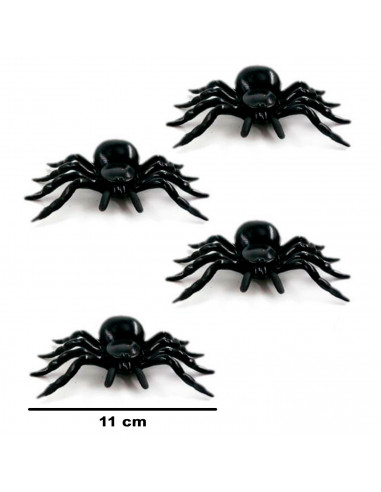 Tradineur - Pack de 4 arañas de Halloween, plástico, decoración de interior, fiestas, celebraciones (Negro - 11 cm)
