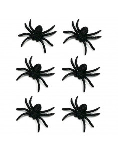 Tradineur - Pack de 6 arañas con glitter para Halloween, plástico, decoración de interior, fiestas, celebraciones (Negro - 7 cm)