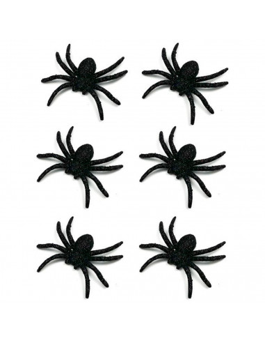 Tradineur - Pack de 6 arañas con glitter para Halloween, plástico, decoración de interior, fiestas, celebraciones (Negro - 7 cm)