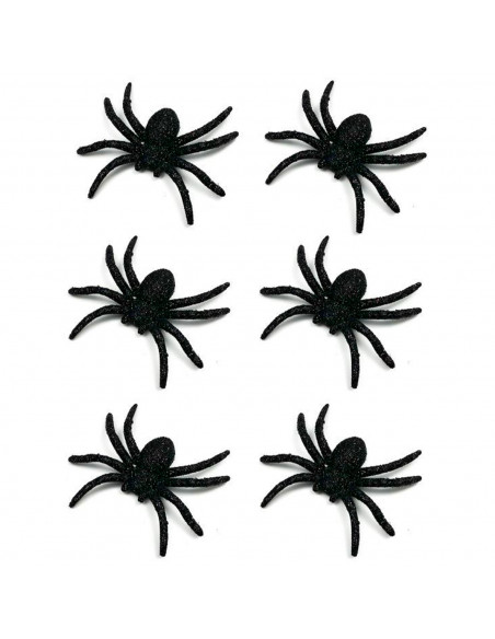 Tradineur - Pack de 6 arañas con glitter para Halloween, plástico, decoración de interior, fiestas, celebraciones (Negro - 7 cm) Tradineur - Pack de 6 arañas con glitter para Halloween, plástico, decoración de interior, fiestas, celebraciones (Negro - 7 cm)