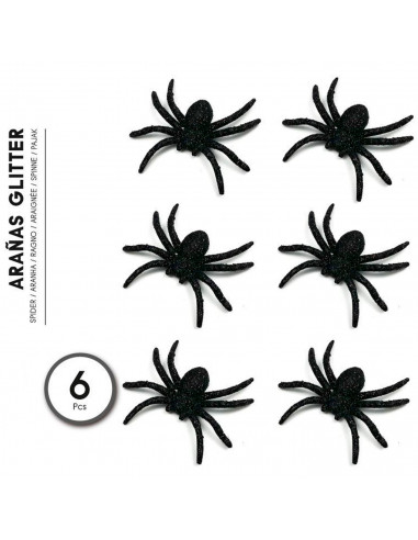 Tradineur - Pack de 6 arañas con glitter para Halloween, plástico, decoración de interior, fiestas, celebraciones (Negro - 7 cm)