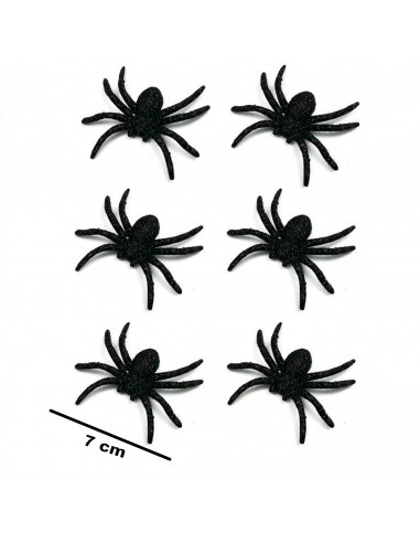 Tradineur - Pack de 6 arañas con glitter para Halloween, plástico, decoración de interior, fiestas, celebraciones (Negro - 7 cm)