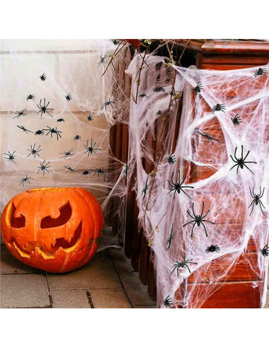 Tradineur - Telaraña con 2 arañas para Halloween, poliéster y plástico, tela de araña, decoración de interior, fiestas, celebrac