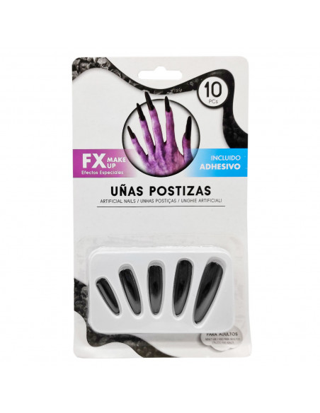 Tradineur - Pack de 10 uñas postizas de bruja, adhesivo incluido, complemento para disfraces de carnaval, Halloween, cosplay (Ad Tradineur - Pack de 10 uñas postizas de bruja, adhesivo incluido, complemento para disfraces de carnaval, Halloween, cosplay (Ad