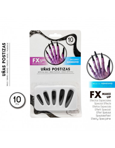 Tradineur - Pack de 10 uñas postizas de bruja, adhesivo incluido, complemento para disfraces de carnaval, Halloween, cosplay (Ad