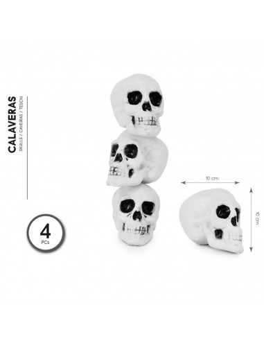 Tradineur - Pack de 4 calaveras para Halloween, plástico, cráneos, decoración de interior, carnaval, fiestas, celebraciones, 10