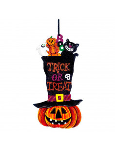 Tradineur - Colgante de calabaza Trick or Treat, cartón, decoración de interior, pared, carnaval, Halloween, fiestas, 40 x 22 cm