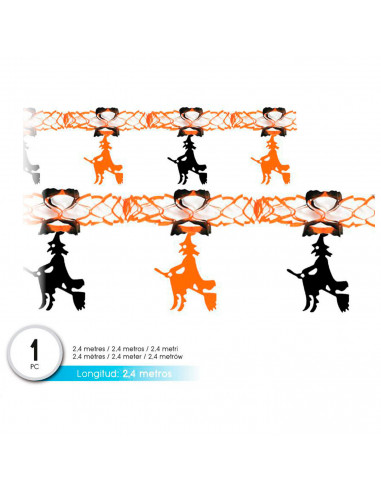 Tradineur - Guirnalda de brujas de papel, decoración de interior, pared, carnaval, Halloween, fiestas - 2,4 metros