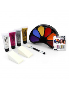 Tradineur - Blíster de maquillaje de Halloween - Incluye: 4 Brillantinas, 6 colores para pintar la cara, 2 esponjas y 1 pincel -